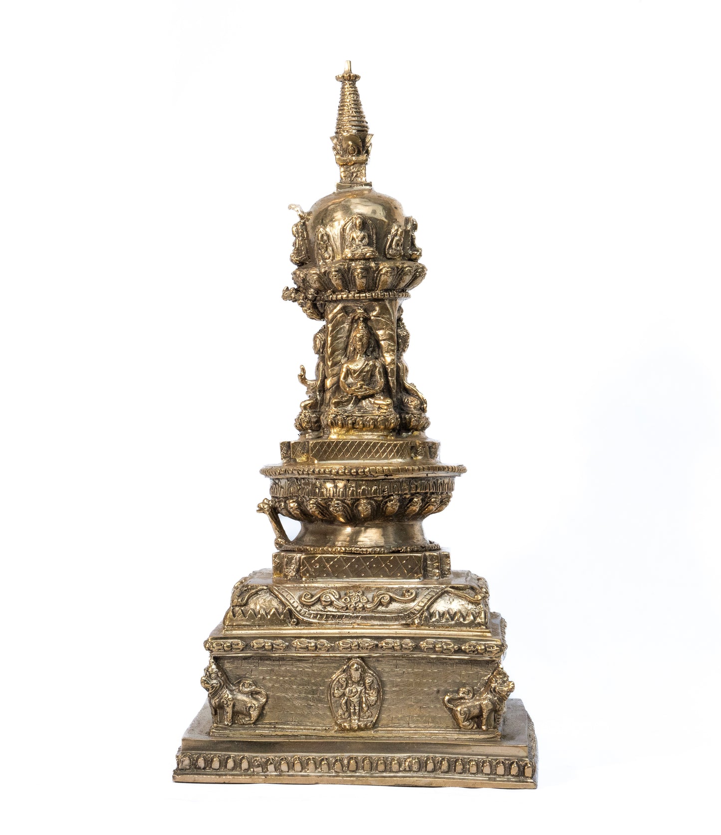 Antique-Style Bronze Stupa with Buddha Carvings