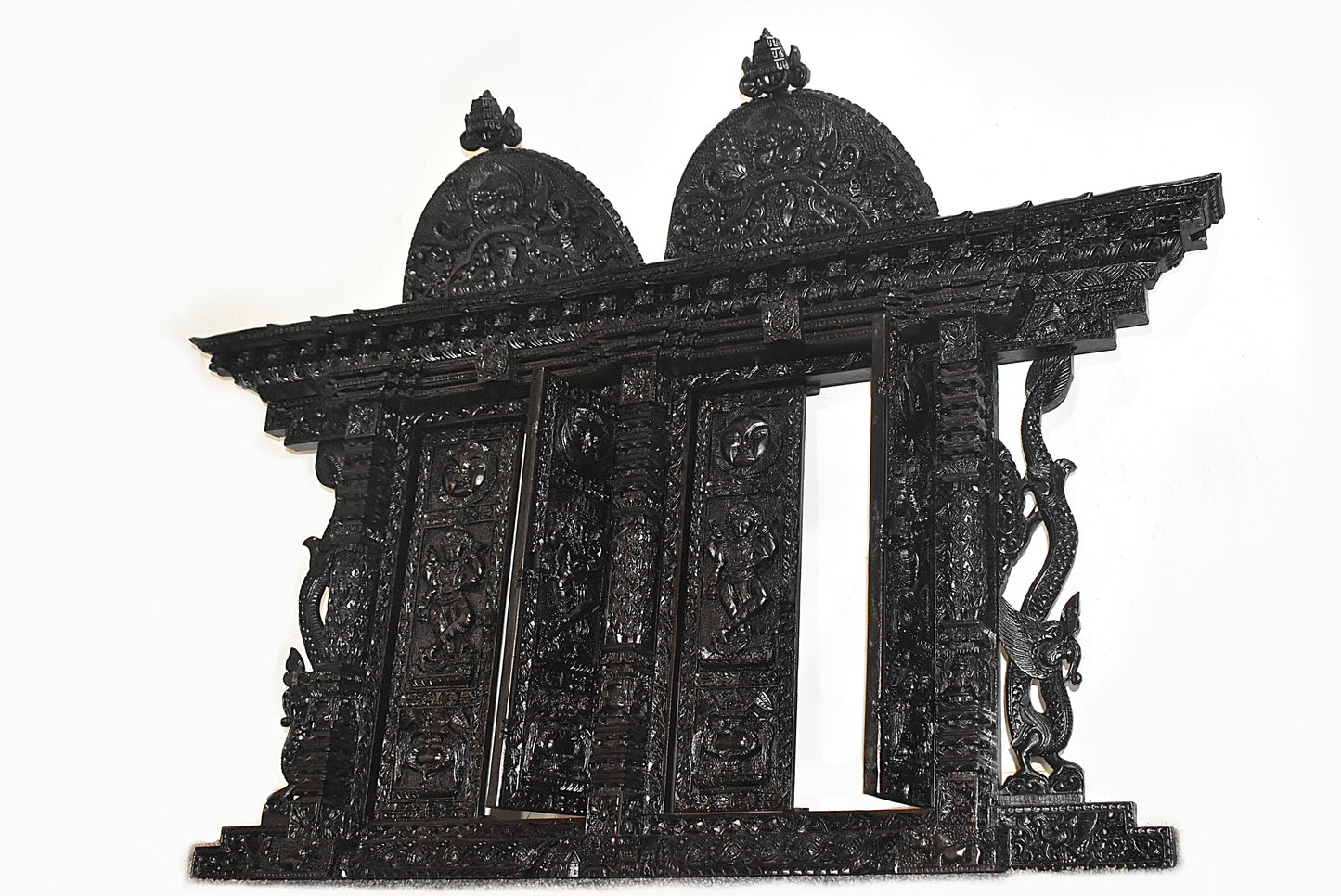 Traditional Newari Carved Door Frame –Ganesh, Kumar, Sun & Moon, Purna Kalash Icons