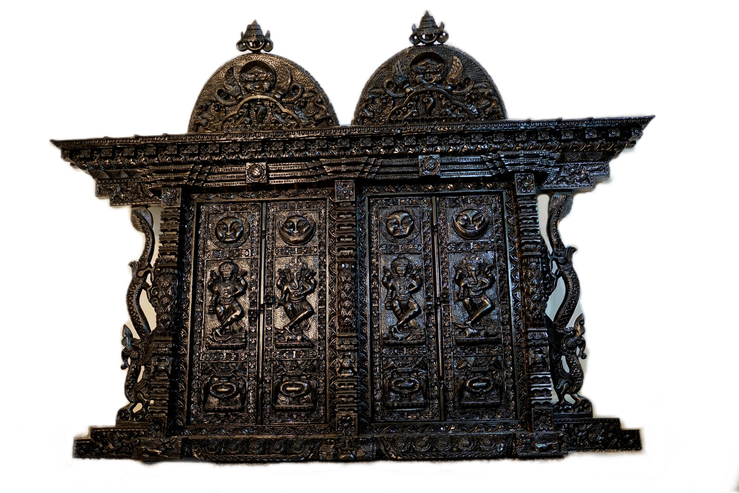 Traditional Newari Carved Door Frame –Ganesh, Kumar, Sun & Moon, Purna Kalash Icons