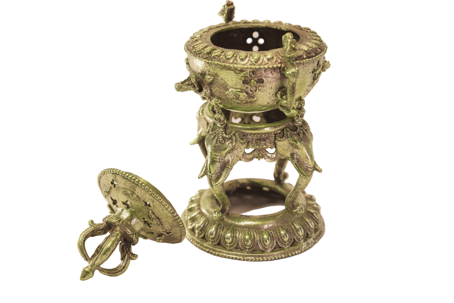Handcrafted 9" Brass Monastery Incense Burner – Dragon Handle | Dorje Finial | Elephant-Head Base