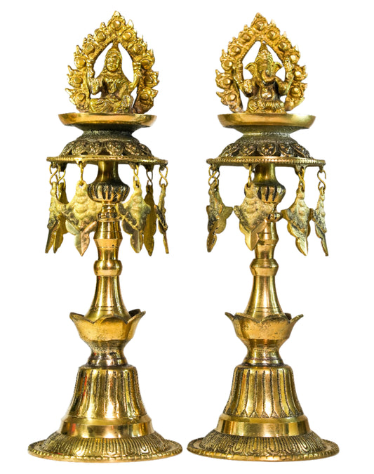 Panas Set with Ganesh and Laxmi Statues (Nepalese Traditional Brass Oil Lamp Set)