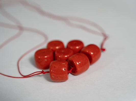 Natural 7-Piece Red Coral Barrel Beads (Unfinished)