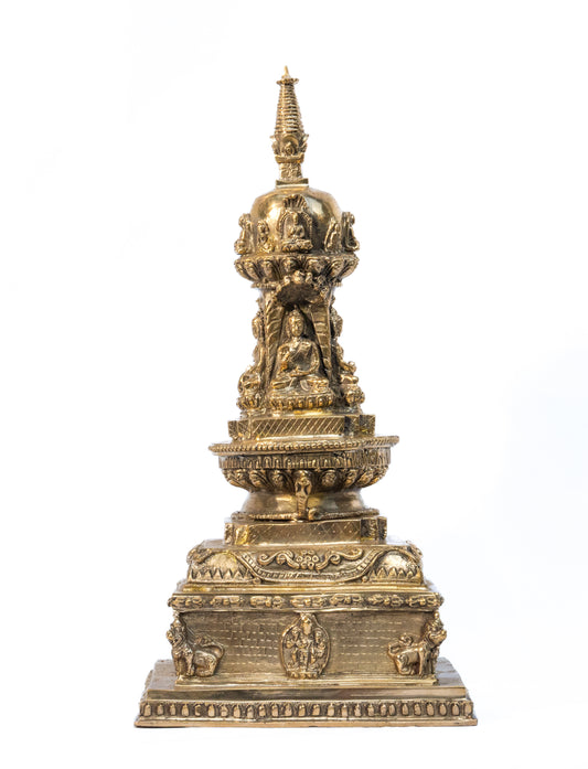 Antique-Style Bronze Stupa with Buddha Carvings