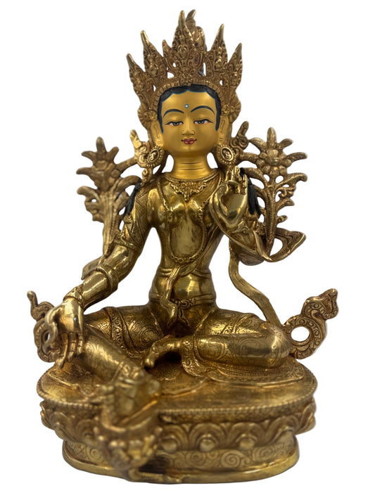 Green Tara Statue – 12” | Handcrafted Brass & Bronze, Gold-Plated