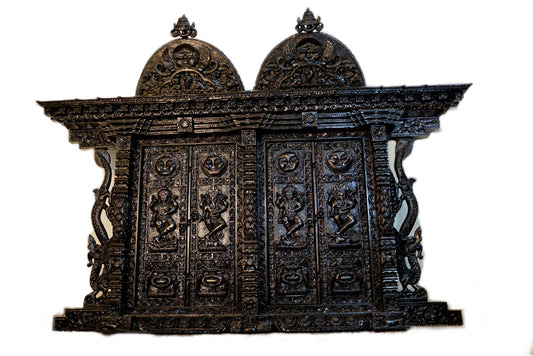 Traditional Newari Carved Door Frame –Ganesh, Kumar, Sun & Moon, Purna Kalash Icons