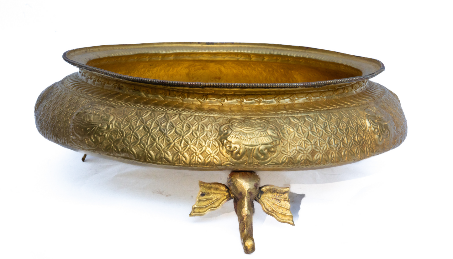 Elephant Head Stand Urli Bowl – 13” | Handcrafted Brass Decor from Nepal