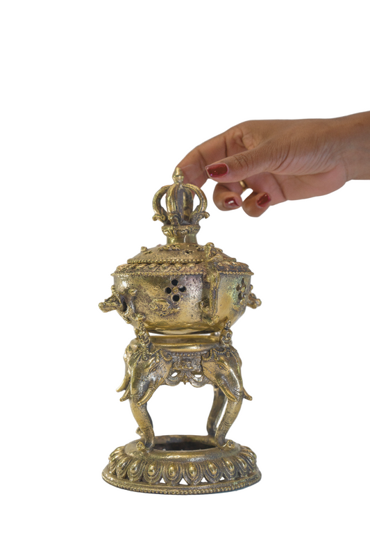 Handcrafted 9" Brass Monastery Incense Burner – Dragon Handle | Dorje Finial | Elephant-Head Base